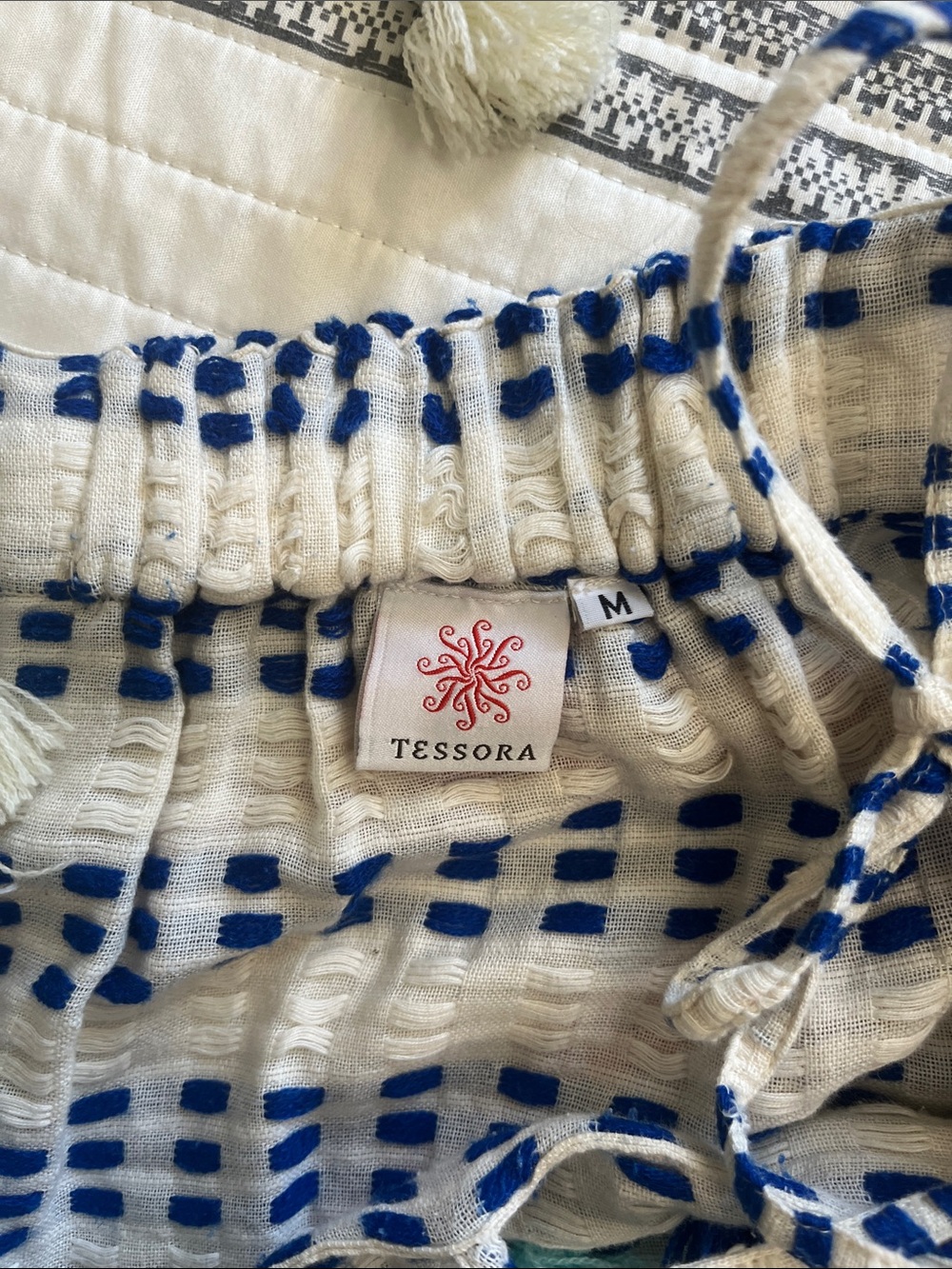 Women's White Maxi Dress with Blue Check and Pom-Pom Trim - Picture 6 of 11